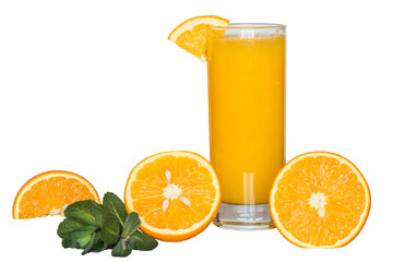 Glass of orange juice on the isolated png background with slices of citrus and mint