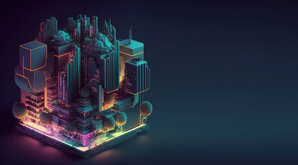 Isometric neon digital city miniature, night view, isolated on dark background with copy space for text. 3d render illustration. Generative AI art. 