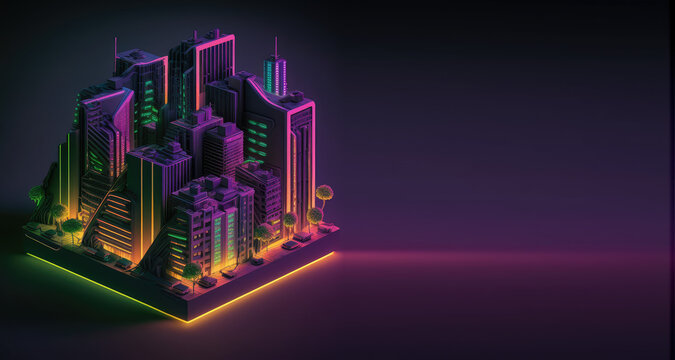Isometric neon digital city model, night view, isolated on dark background with copy space for text. 3d render illustration. Generative AI art.