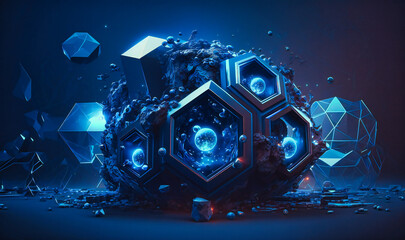 A dark blue background serves as the perfect backdrop for futuristic technology with polygonal shapes