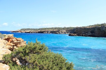The paradisiacal beach of Cala Bassa in Ibiza in the Balearic Islands. Fantastic blue and turquoise sea and white sand beaches.