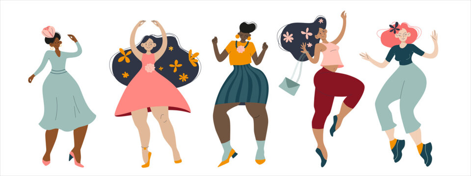 Happy dancing and jumping women having fun. Multi etnic girls vector characters. Happy international women's day illustration.
