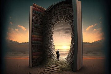 Book with a portal and a tree on the background of clouds. Fantasy, symbolism, self-development, education, fairy tales, high resolution, art, generative artificial intelligence - obrazy, fototapety, plakaty