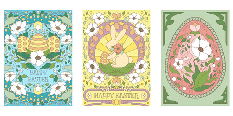 Fototapeta na wymiar Happy Easter vector postcards with a cute rabbit, eggs and flowers. Floral illustration for greetings, postcards, banners, invitations in old, vintage, art nouveau style. Floral vector ornament in pas