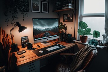 Comfortable workplace for working from home. Personal computer, kojan chair, live plants, natural lighting, high resolution, art, generative artificial intelligence