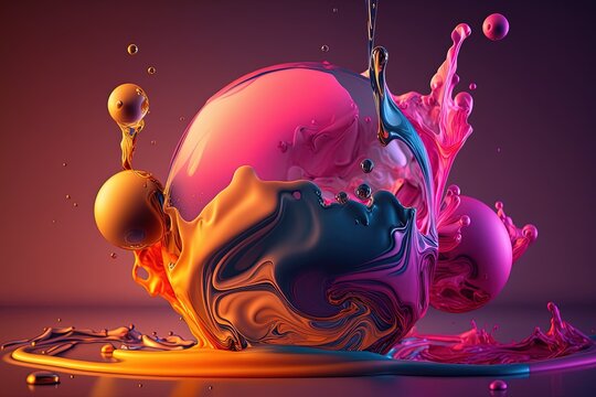 Colorful floating liquid in trendy colors pink orange on a gradient background. Water, thirst quencher, high resolution, art, generative artificial intelligence