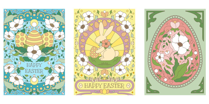 Happy Easter vector postcards with a cute rabbit, eggs and flowers. Floral illustration for greetings, postcards, banners, invitations in old, vintage, art nouveau style. Floral vector ornament in pas