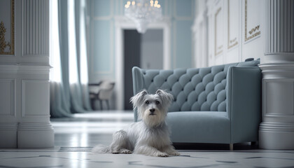 Adorable cute dog in beautiful luxurious palace interior, indoor background. AI generative image.