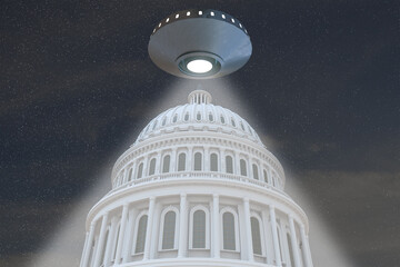 UFO, unidentified flying object AND the dome of the Capitol USA 3D RENDER, 3D RENDERING UAP,unidentified anomalous phenomena.