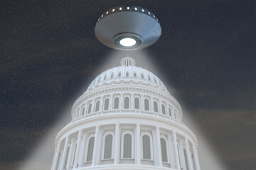UFO, unidentified flying object AND the dome of the Capitol USA 3D RENDER, 3D RENDERING UAP,unidentified anomalous phenomena. © Alexander Sánchez
