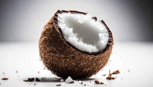 Close up cracked half part of coconut on white background. Healthy delicious food. AI generative image.