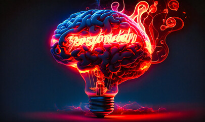 A stylized red brain merges with a lightbulb and flaming calligraphy pen, evoking creative inspiration