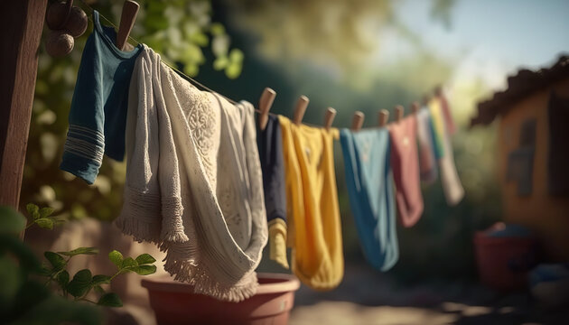 Washed clothes on clothesline drying on rope outside. Outdoor background. AI generative image.