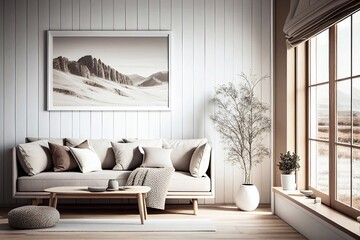 Livingroom Interior Clean Wall With Grey Sofa. Generative AI