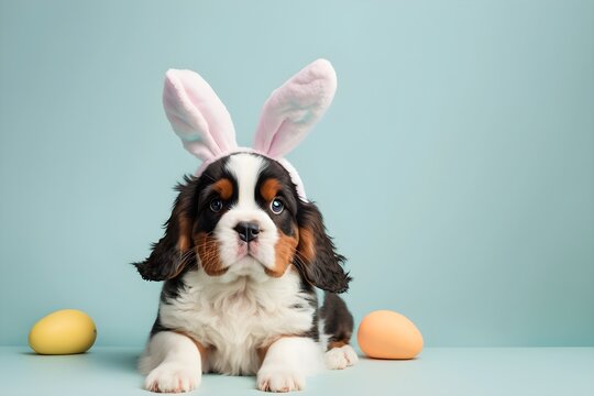 Background of cute puppy dog wearing bunny ears of Easter. Wallpaper illustration. Front view with copy space for text information or content. Concept of Happy Easter. Generative AI