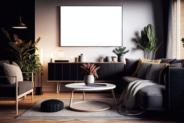 Interior design of cozy living room with stylish sofa, coffee table, dired flowers in vase, mock up poster, carpet, Generative AI decoration, pillows, plaid and personal accessories in modern 