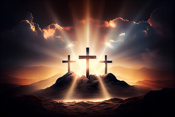 Three cross on the mountain with sun light, belief, faith and spirituality, crucifixion and resurrection of Jesus Christ at Easter, good friday - 576039427
