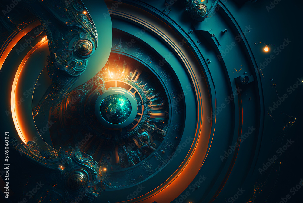 Poster Abstract retro futuristic composition in technology style with giant wheel or engine. Retro background with surreal mindbending figures. Generated AI.
