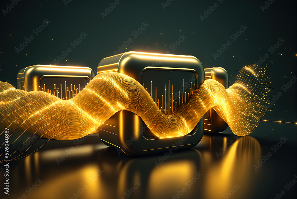 Poster Technology abstract with shiny data wave flow. Science concept with glowing wires connected on futuristic background. Generated AI.
