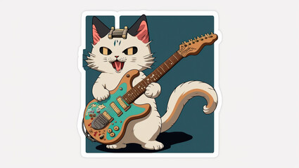 sticker of white cat playing guitar, on white background, comic book, vector, 2D, digital art, illustration