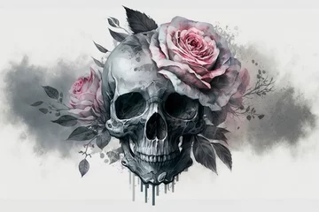 Stickers pour porte Crâne aquarelle Skull with red roses, watercolor tattoo style, tattoo design skull, generative ai