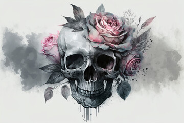 Skull with red roses, watercolor tattoo style, tattoo design skull, generative ai