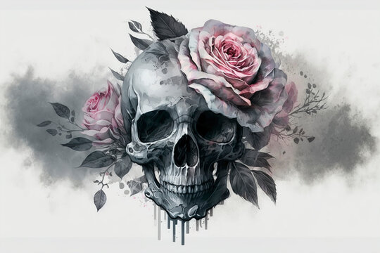 Skull with red roses, watercolor tattoo style, tattoo design skull, generative ai