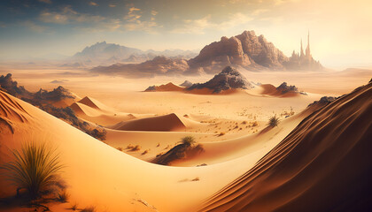 Fototapeta na wymiar Desert Dreamscape: Awe-Inspiring View of Sandy Dunes and Mountainous Terrain in Clear Focus