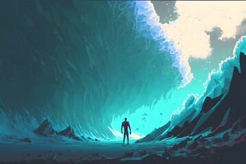 futuristic man standing in the midst of a huge wave that is rushing towards him, digital art style, illustration painting, Generative AI