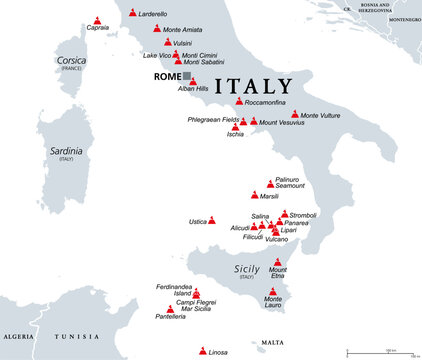 Italy, active and extinct volcanoes, political map. Active, dormant and underwater volcanoes in Italy, a volcanically very active country, containing the the only active volcanoes in mainland Europe.
