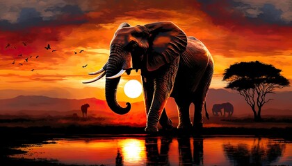 elephant in the sunset