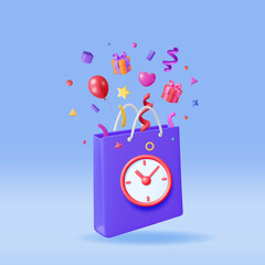 3D Shopping Bag with Clocks and Confetti Isolated. Render Special Limited Time Sale Concept. Sale, Discount or Clearance Concept. Online or Retail Shopping Symbol. Fashion Handbag. Vector Illustration