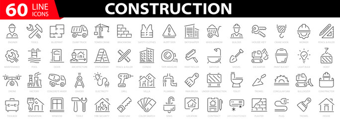 Set 60 construction icons. Build and construction icon. Building, repair tools. Thin line web icons collection. Vector illustration - obrazy, fototapety, plakaty