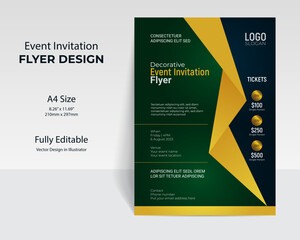 Editable event invitation luxurious flyer design template in deep blue, green and golden theme