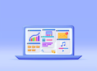 3D Laptop Application Windows Interface Isolated. Render Computer Software User Interface. UI Search, Music, Browser, Financial Calculator, File Manager Mail Notification Windows. Vector Illustration
