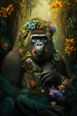 Portrait of a young cute Gorilla with flowers on his head sitting in the middle of the jungle. Generative ai
