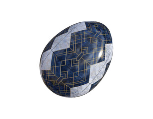 Egg covered with an eclectic pattern of gold, bue and white isolated png