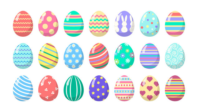 Cartoon fancy Easter Eggs collection in pastel colors. Isolated vector eggs set with different patterns
