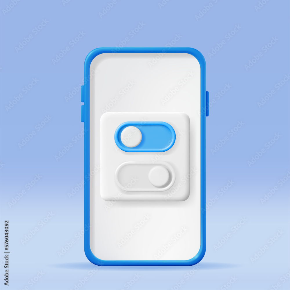 Poster 3d on and off buttons switch in smartphone isolated. render slider bars selector in mobile phone. sw