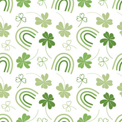 Floral seamless pattern. Saint Patricks day background with shamrock and patrick's rainbow. Doodle Vector illustration in green colors. Clover pattern. For wallpaper, invitation, wrapping, textiles