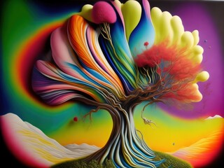 This surreal airbrush artwork features a vibrant, otherworldly tree with surreal imagery and limited bold colors. The airbrush technique creates a fluid, dreamlike quality,.