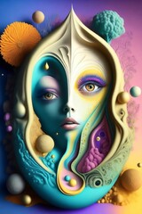 This artwork is multi-dimensional and features a stylized and abstract face with bold colors and intricate patterns. It's a playful and imaginative exploration of color, form, and texture.