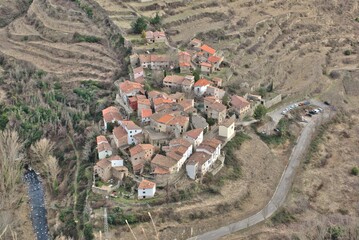 Aerial view of the small village of Peroblasco. To the left the Cidacos river surrounding the town. La rioja, Spain.