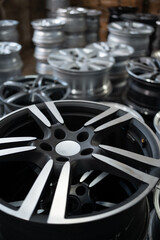 closeup of car alloy wheel in tire store