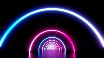 Neon Line Tunnel glowing　Fluorescent light corridor stage  3D illustration background