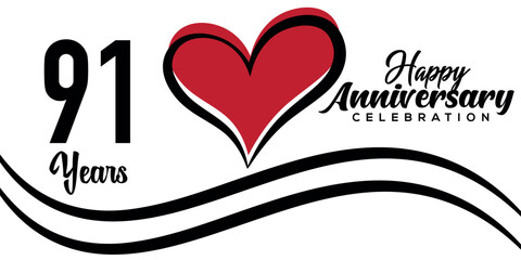 Vector 91st anniversary celebration logo lovely red heart abstract vector  on white background design template illustration.