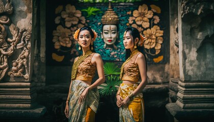 balinese women wear kebaya in bali temple, Generative AI
