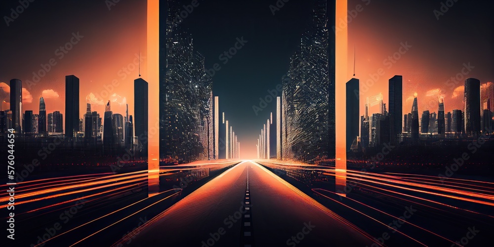Poster neon highway in a digital environment abstract background, generative ai