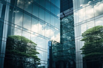 Fototapeta na wymiar Modern building glass facade reflecting Sky and Clouds. Photo generative AI