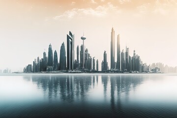 Fototapeta premium City skyline of skyscrapers and ocean bleached. Photo generative AI